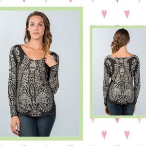 Black Grey Boho Colorblock Top Long Sleeve Medium